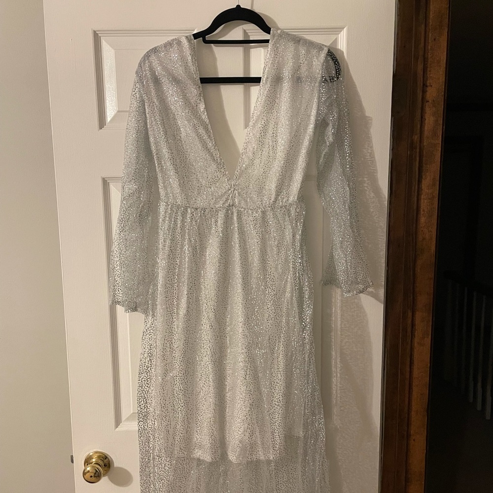 White Silver Shiny Long Dress with Sheer Sleeves and white underlining S - Picture 5 of 11